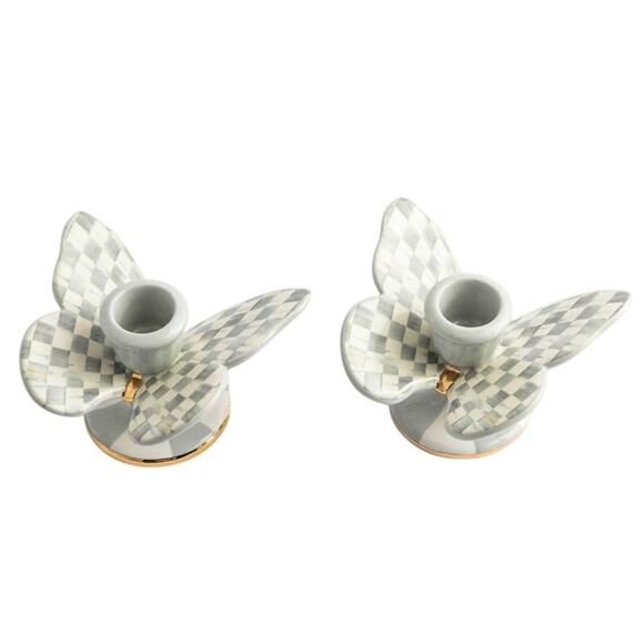 Brand New Mackenzie-Childs Sterling Check Butterfly Candle Holders Set of 2 - Picture 1 of 12